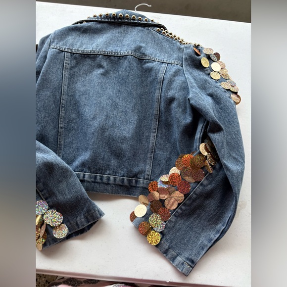 NWT Studded Denim Jacket with Gold and Multicolor Accents. Size M available. - Picture 9 of 9